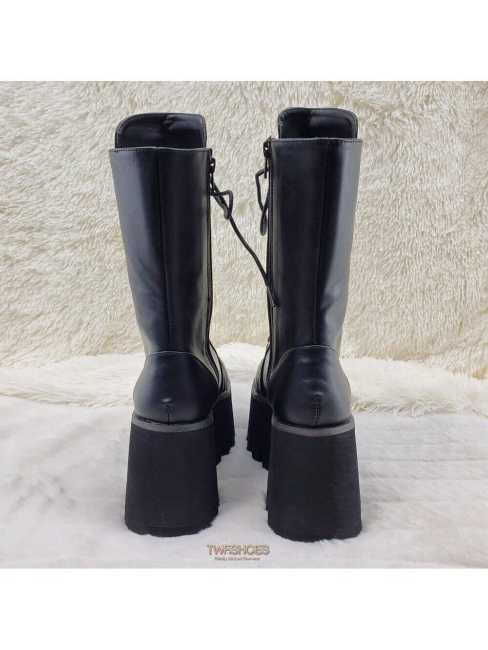 Ashes Black Matte Platform Goth Punk Mid Calf Combat Boots - Picture 8 of 14